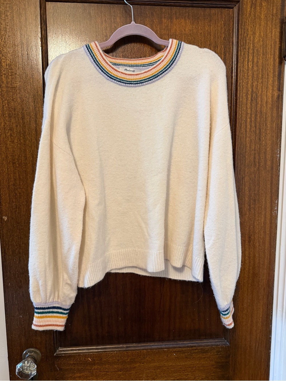 Madewell Cream Crewneck Sweater with Rainbow Stripe Trim